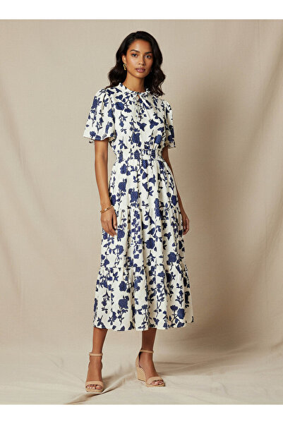 FAV Tiered Midi Viscose Dress with Flutter Sleeves