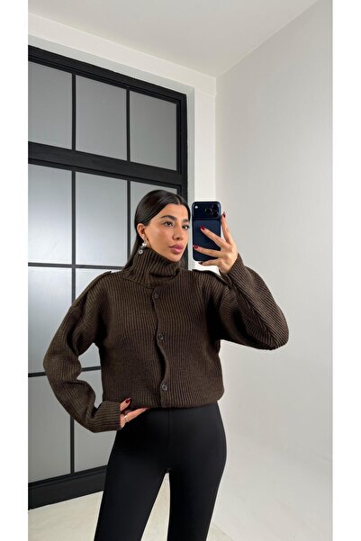 Gaus Bitter Brown Mock Neck Button Knitwear Cardigan Gaus-00731