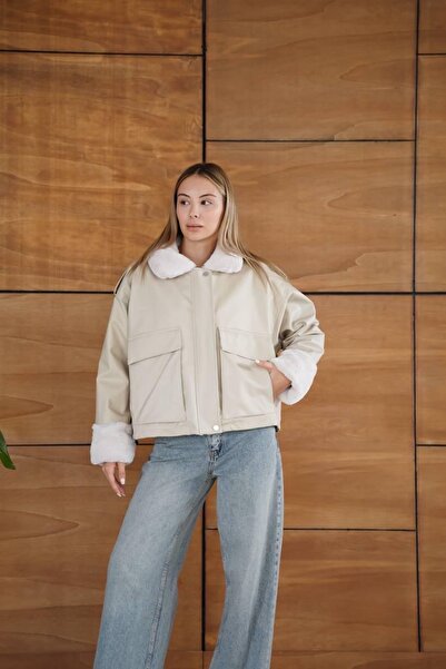 Ekim Store Jachetă din piele cu pluș la guler și buzunare duble