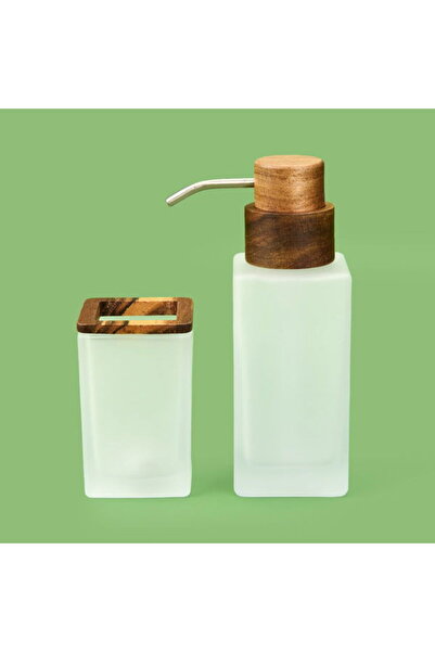 Evidea Bath Wooden Detailed 2-Piece Bathroom Liquid Soap Dispenser Set - Whit...