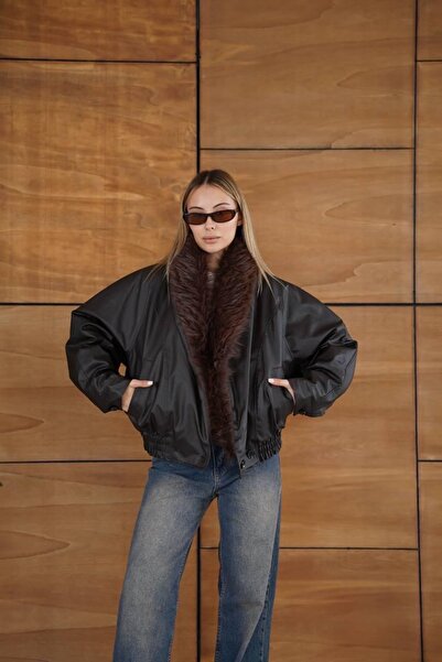 Ekim Store Jachetă din piele cu guler de blană