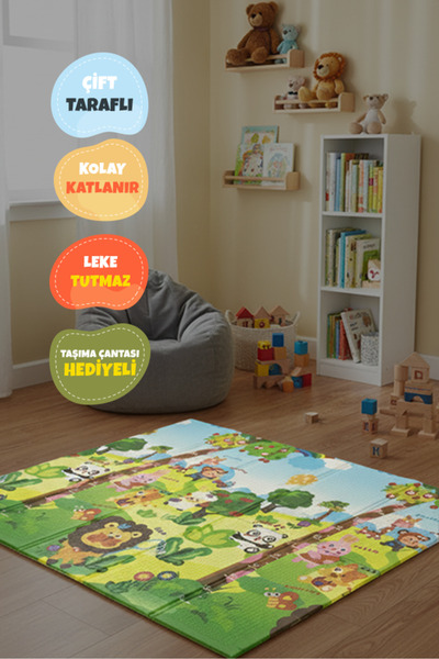 JOYLINO Katlanabilir Çift Taraflı Eğitici Çocuk Oyun Matı, Halısı 180x150 (Ta...