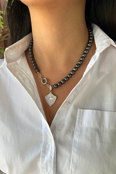 Suerte Accessories Handmade Steel Tipped Hematite Natural Stone Special Design Women's Natural Stone Necklace