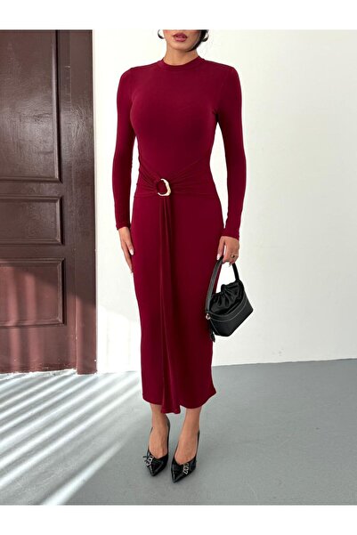 khar Women's Balvi̇n Crew Neck Long Dress with Belt and Gold Accessories, Bodycon Fit