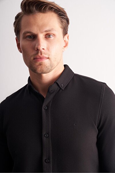 İmza Black Long Sleeve Buttoned Collar Self Patterned Cotton Slim Fit Shirt 1004255267