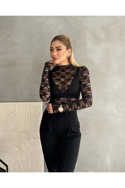 merlavin بلوزة نسائية طويلة الأكمام شفافة مزودة بمشبك