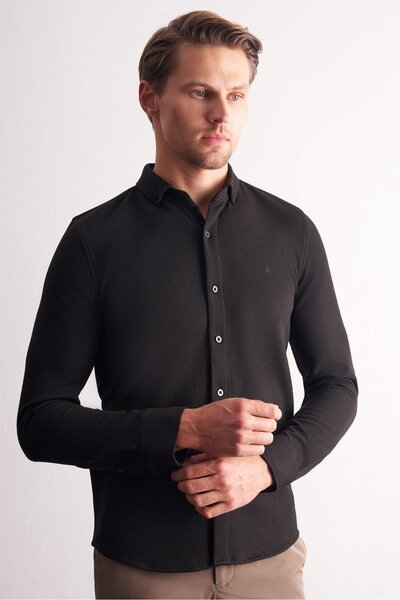 İmza Black Long Sleeve Buttoned Collar Self Patterned Cotton Slim Fit Shirt 1004255267