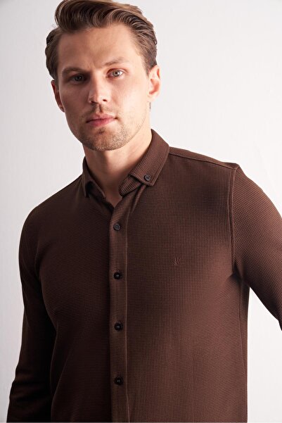 İmza Brown Long Sleeve Button-Down Collar Self Pattern Cotton Slim Fit Shirt 1004255267