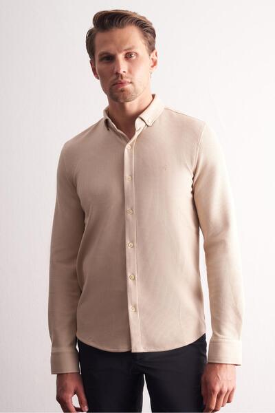İmza Μπεζ μακρυμάνικο πουκάμισο με κουμπιά με γιακά από βαμβακερό σχέδιο εφαρμοστό 1004255267