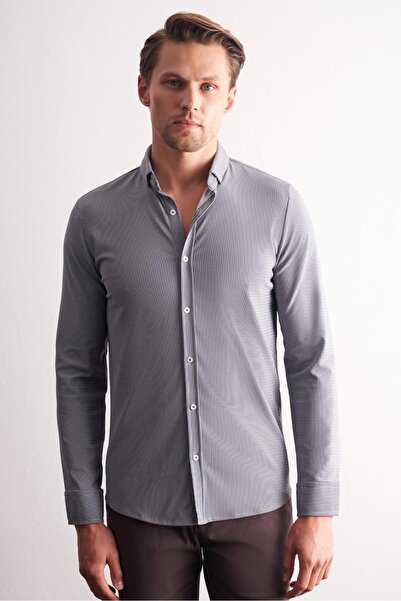 İmza Μπλε ναυτικό - Λευκό Smart Buttoned Collar Μακρυμάνικο χωρίς τσέπες εφαρμοστό Casual πουκάμισο 1004255165