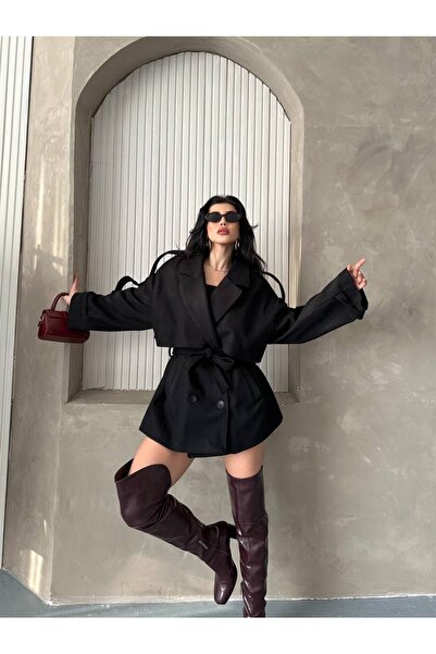 Ekim Store Kaşe Kruvaze Düğmeli Kuşaklı Trençkot