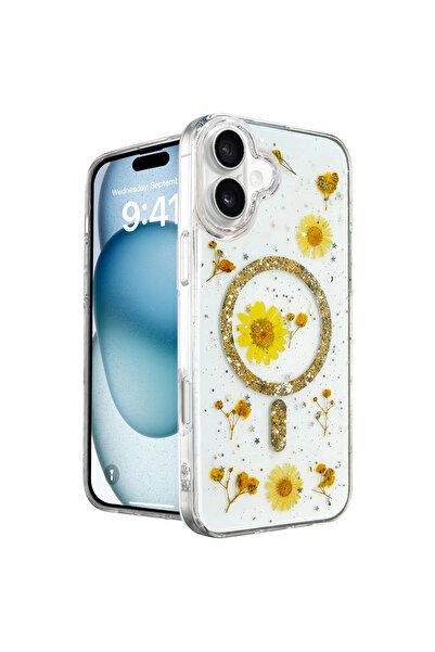 eco port iPhone 16 Compatible Case Daisy Glitter Magsafe Cover - Gold