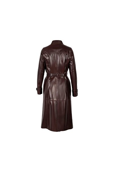 Desa Women's Burgundy Collared Leather Trench Coat