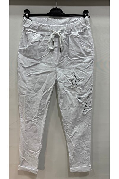 della moor Women's White Italian Star Patterned L Stretch Fabric Pants