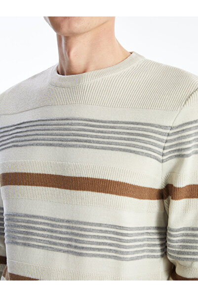 LC Waikiki Ανδρικό πλεκτό πουλόβερ με μακρυμάνικο ριγέ λαιμόκοψη LCWAIKIKI Classic Beige