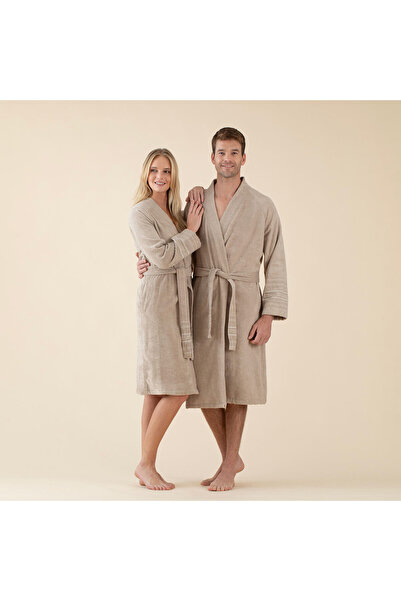 Chakra Derin Unisex Bornoz Bej/Koyu Bej/Ekru