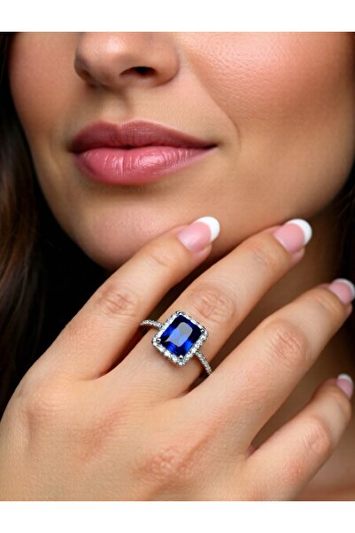 COCOSH TAKI Lacivert dikdörtgen baget taşlı gümüş renk zirkon detaylı ayarlanabilir yüzük