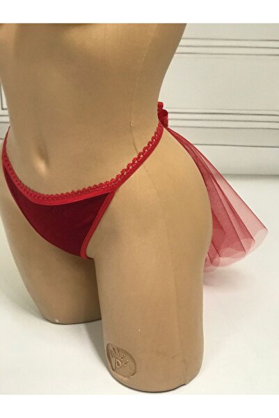 MadyaButik Women's Christmas Gift, Christmas, Red Velvet String Thong Model with Tulle Bow Detail on the Back