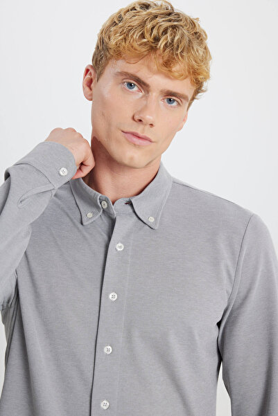 AC&Co / Altınyıldız Classics Men's Gray Cotton Tailored Slim Fit Slim Fit Button Collar Knitted Shirt