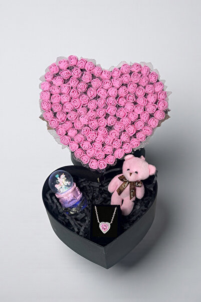 Zemtigo Pembe Güllü Kalp Kutuda Kar Küresi & Ayıcık Ve Pembe Kalp Kolye Hediye Seti Kutusu