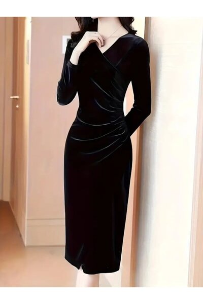 Bijuterria Γυναικείο μακρυμάνικο φόρεμα διπλό πέτο με λαιμόκοψη, πλαϊνό κορδό...