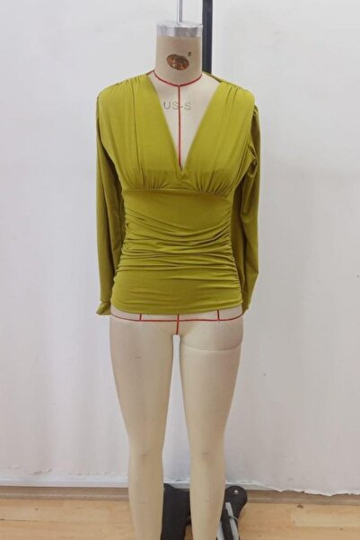 Mossta Deep V Neck Gathered Sandy Blouse - Green