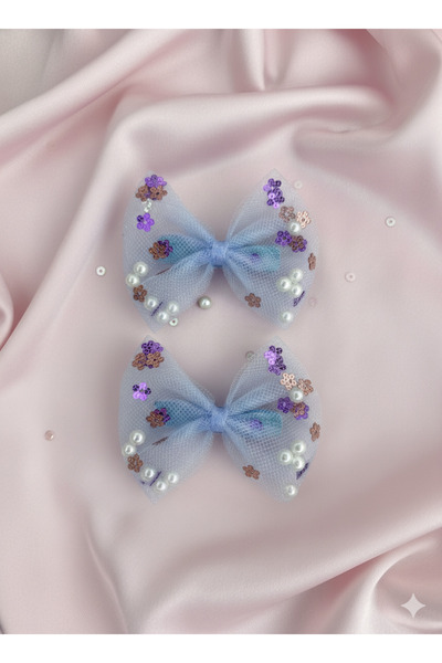 Jeevee İncili Pullu Fiyonk Tül Kız Çocuk Toka 2li Klips Toka Seti