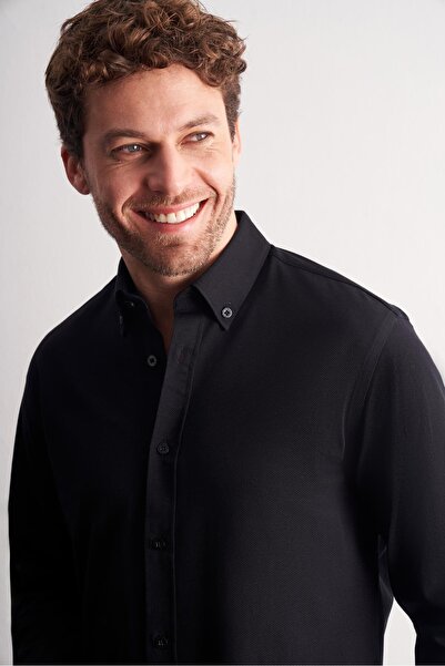 İmza Πλεκτό μακρυμάνικο πουκάμισο με μαύρο γιακά με αυτοσχεδιασμένο σχέδιο εφαρμοστό 100% βαμβακερό πουκάμισο 100425