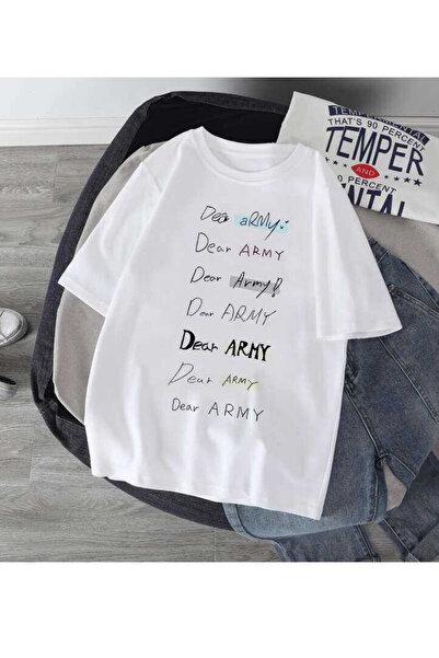 barsdepo BTS Dear Army Baskılı Tişört, Oversize Unisex Tişört Çocuk / Yetişkin