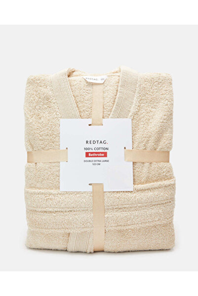 REDTAG Beige Essence Kimono Bathrobe With Ribbed Border