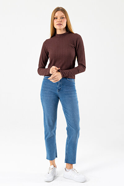 GİYSA Women's Mock Neck Long Sleeve Textured Blouse Brown - 26158