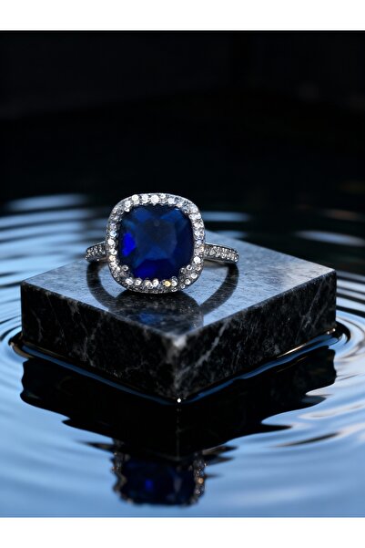 COCOSH TAKI Lacivert kare baget taşlı gümüş renk zirkon detaylı ayarlanabilir yüzük