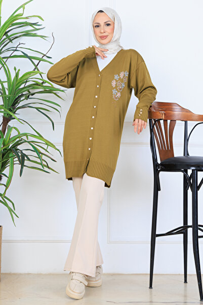 benguen Embroidery Detailed Beaded Mercerized Cardigan N3280 Oil Green