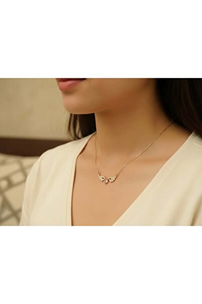 URUNİA Çelik Zincir Altın Renk Kanatlı Pembe Zirkon Taşlı Kalp Kolye