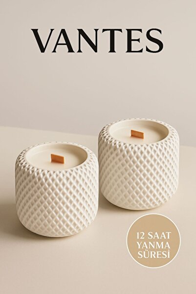 VANTES Örgü Hasır Desenli 1 Adet Beyaz Beton Soya Parafin Mum