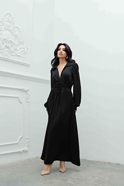 Serica Moda Siyah V Yaka Beli Bağlamalı Saten Elbise