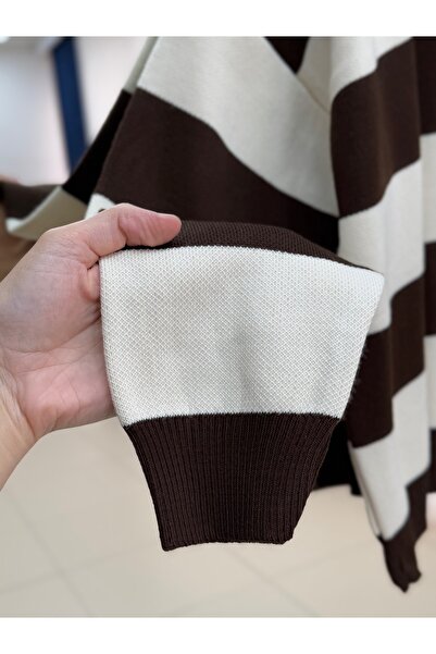 MİHRA STORE Ajla Thick Striped Collar Detail Knit Sweater-Zi̇5258 Brown