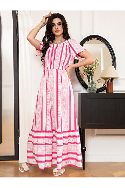 FridayIn Holiday style Round neck Abstract Stripe Raglan sleeve Long Dresses