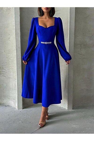 mass fashion Kadın Taş Detaylı Maxi Boy Yırtmaçlı Elbise