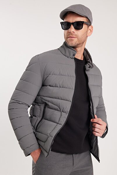 Tudors Men's Regular Fit Classic Cut Mock Neck Double Pocket Warm Gray Puffer Coat