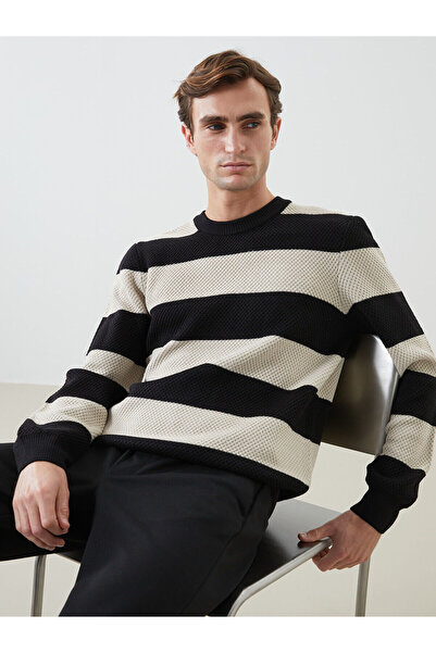 LC Waikiki Ανδρικό πλεκτό πουλόβερ με μακρυμάνικο ριγέ λαιμόκοψη LCW Vision Beige