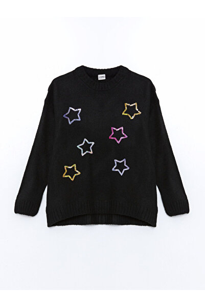 LC Waikiki Pulover negru guler rotund cu broderie pentru fetiță
