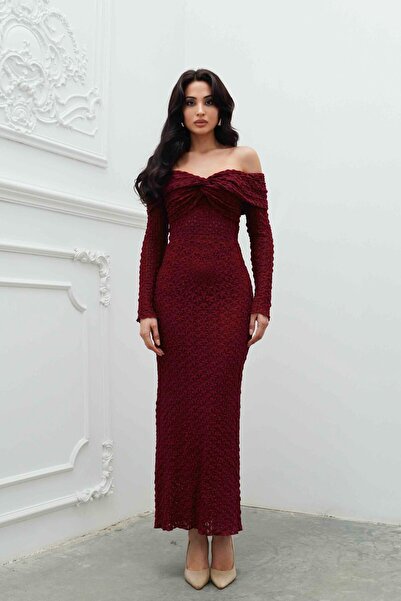 Serica Moda Bordo Madonna Yaka Transparan Detaylı Midi Elbise