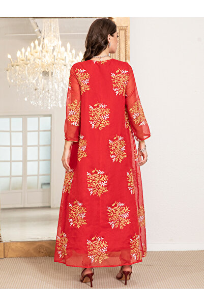 FridayIn Elegant style V-neck Flowers Jacquard Embroidery Fake two piece Regular sleeve Kaftan