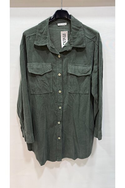 della moor Women's Khaki Italian Long Velvet O Oversized Shirt Tunic