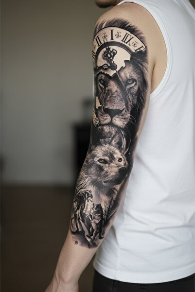 Lavmi Aslan Kurt 1 Hafta Kalıcı Tam Kol Bacak Yapıştırma Geçici Dövme 46 Cm