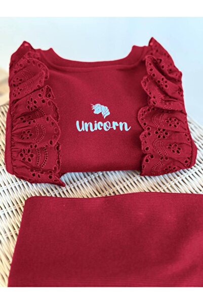 Butik Ruffled Unicorn Printed Corded Fabric Tights Set - Red