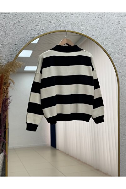 MİHRA STORE Ajla Thick Striped Collar Detail Knitwear Sweater-Zi̇5258 Black