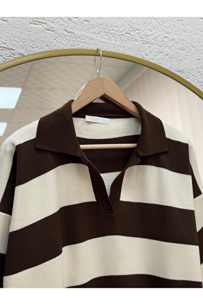 MİHRA STORE Ajla Thick Striped Collar Detail Knit Sweater-Zi̇5258 Brown