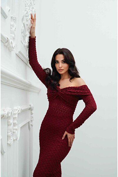 Serica Moda Bordo Madonna Yaka Transparan Detaylı Midi Elbise